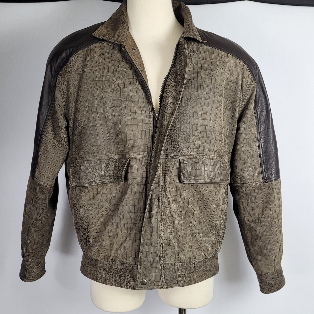 Alan Michaels Crock Embossed Fur Vest Lined Leather Bomber Jacket Size 42t